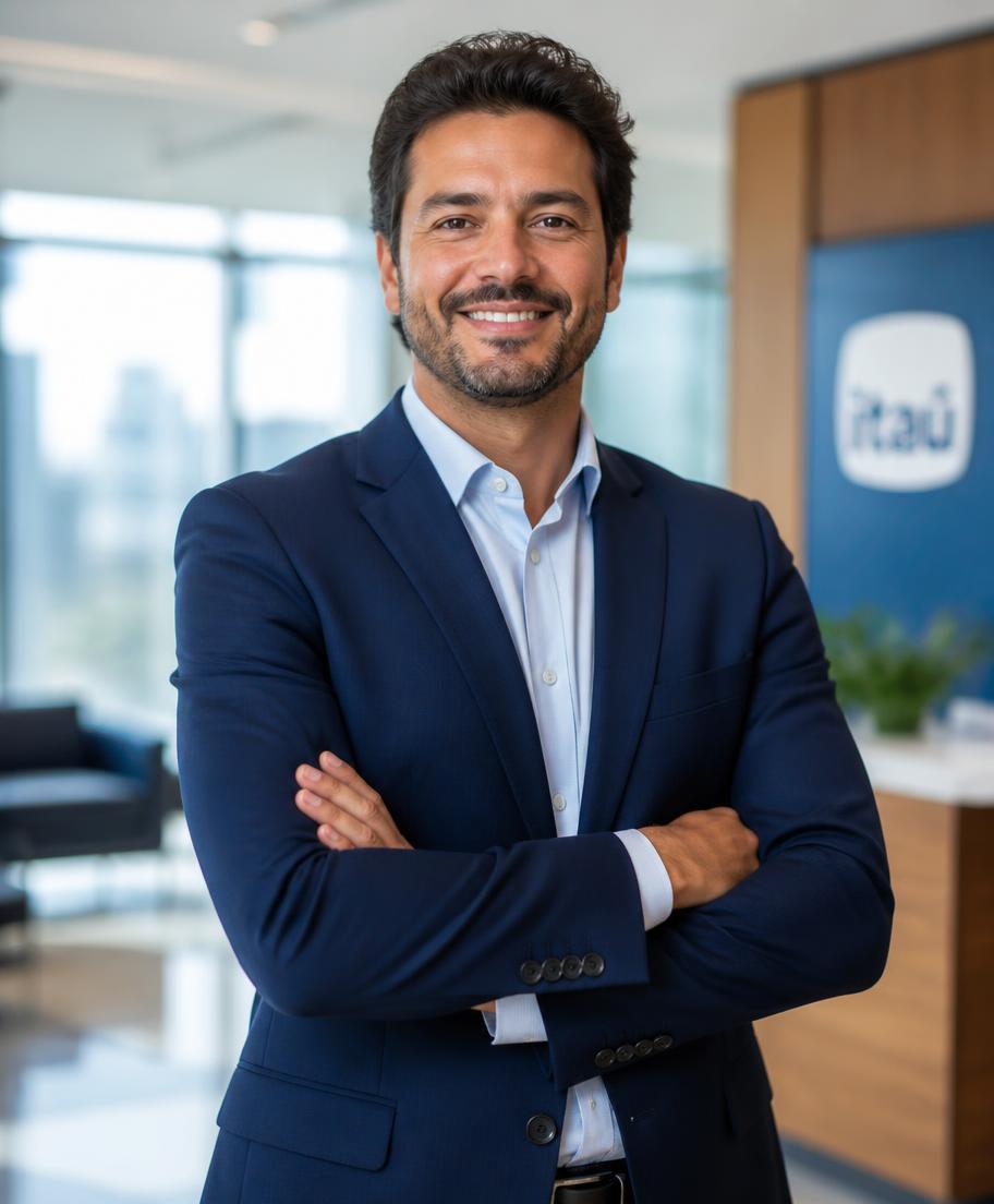 Consultor de crédito sorrindo em escritório corporativo moderno